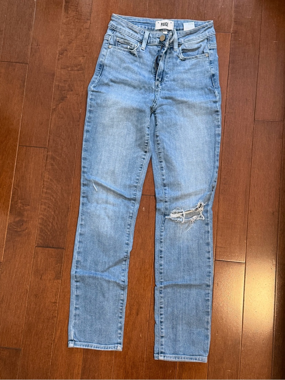 PAIGE Light Blue High-Rise Straight Leg Jeans with Knee Rip